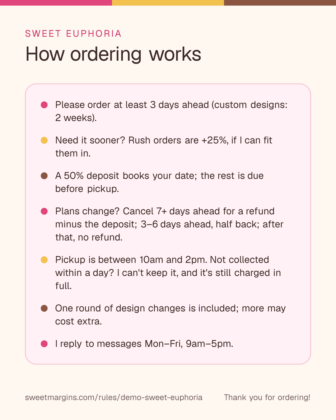 An example rules card: notice, rush orders, deposit, cancellations, pickup, design changes and reply hours.